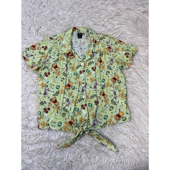 Disney Winnie The Pooh Green Floral Short Sleeve Tie Front Top Size Large NWOT - Picture 1 of 12